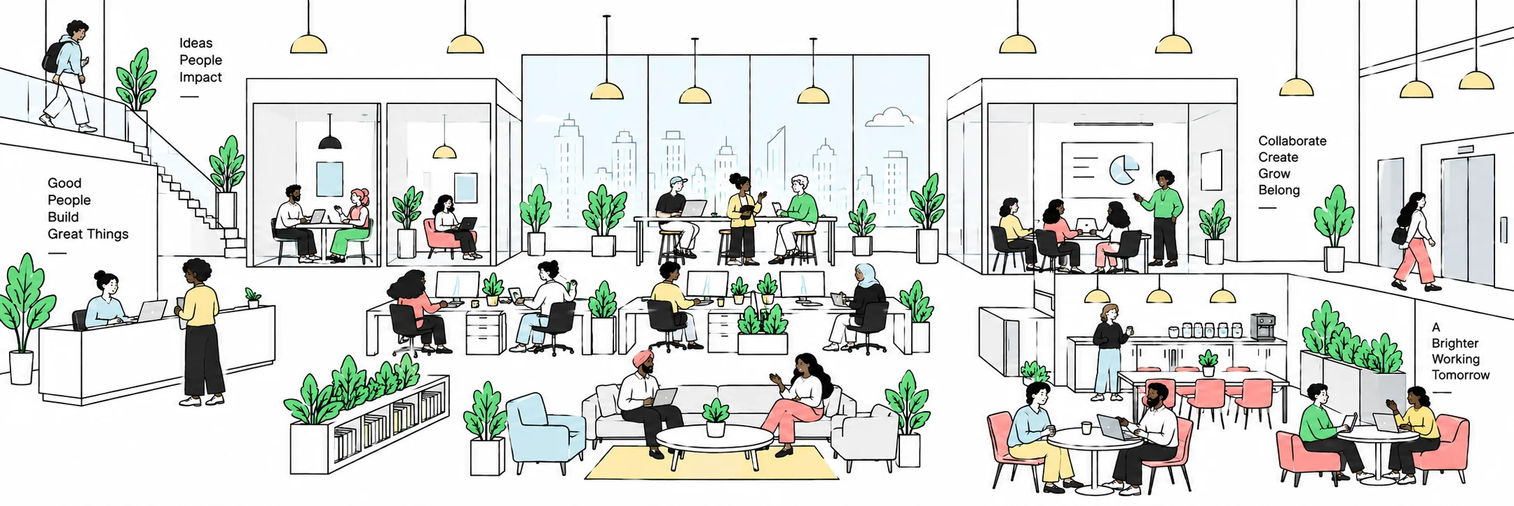 Illustration of a busy open-plan office where diverse teams collaborate, train and work together