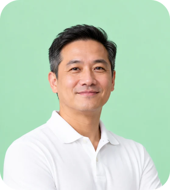 Smiling professional in a white polo shirt