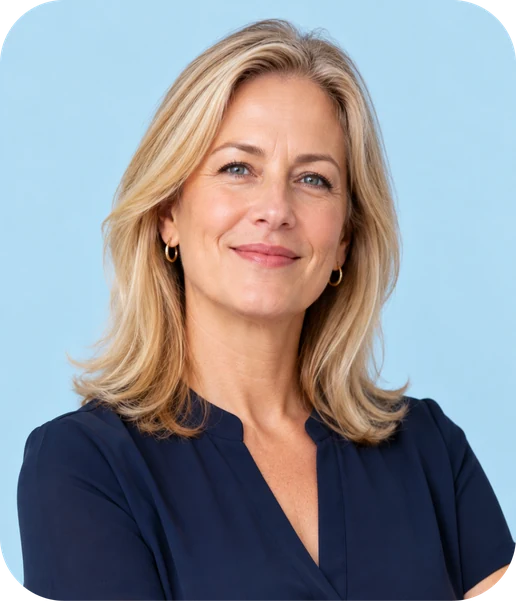 Smiling professional in a navy blouse