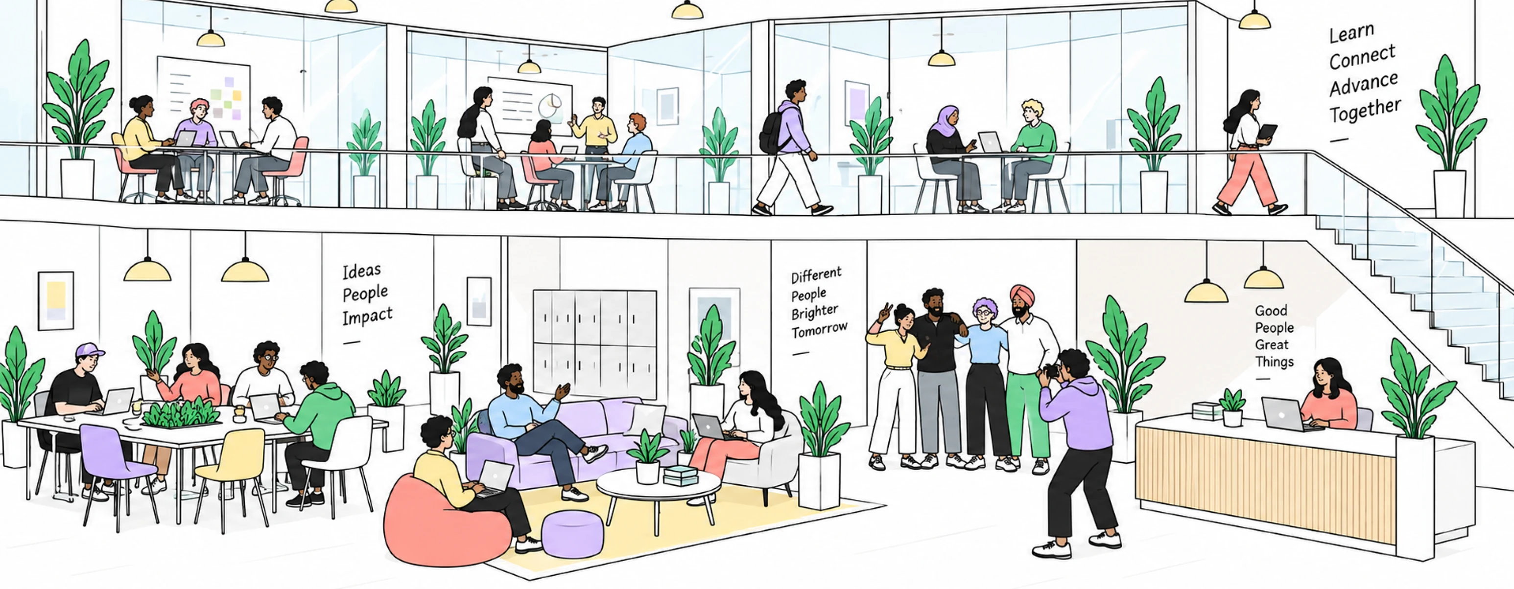 Illustration of an open office where teams learn, connect and work together