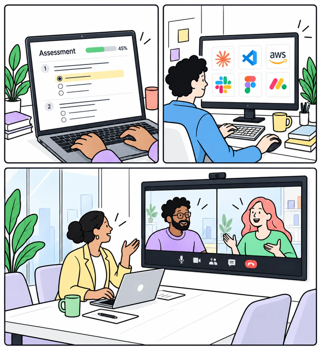 Illustration of an assessment on a laptop, a developer working with real tools, and a video interview