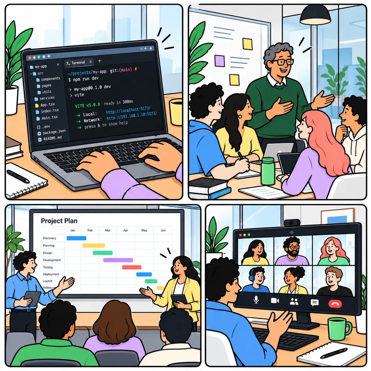 Illustration of trainees writing code, learning from a mentor, planning a project and meeting on a video call