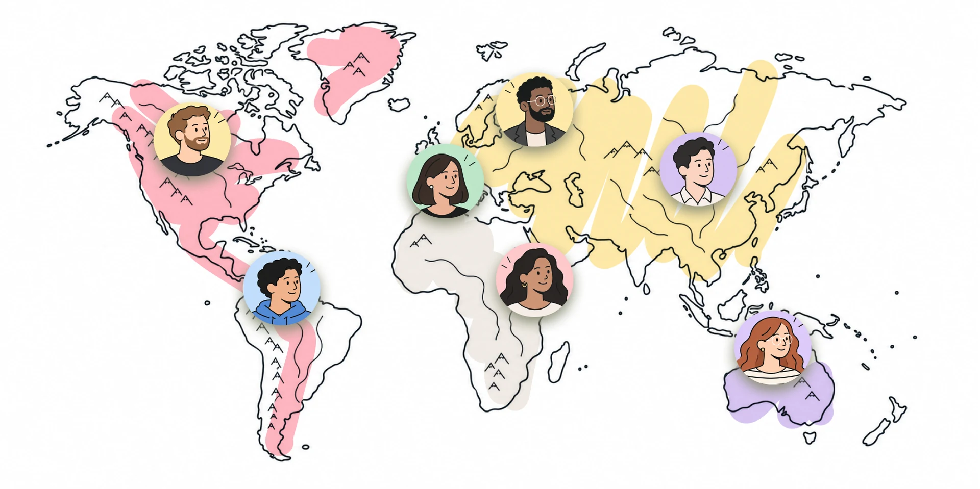 World map with illustrated trainers placed across North America, South America, Europe, Africa, Asia and Australia