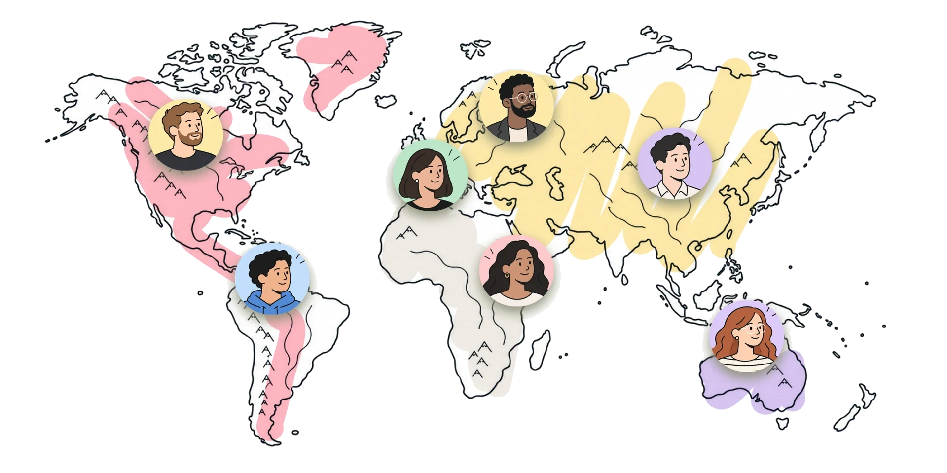 World map with illustrated trainers placed across North America, South America, Europe, Africa, Asia and Australia