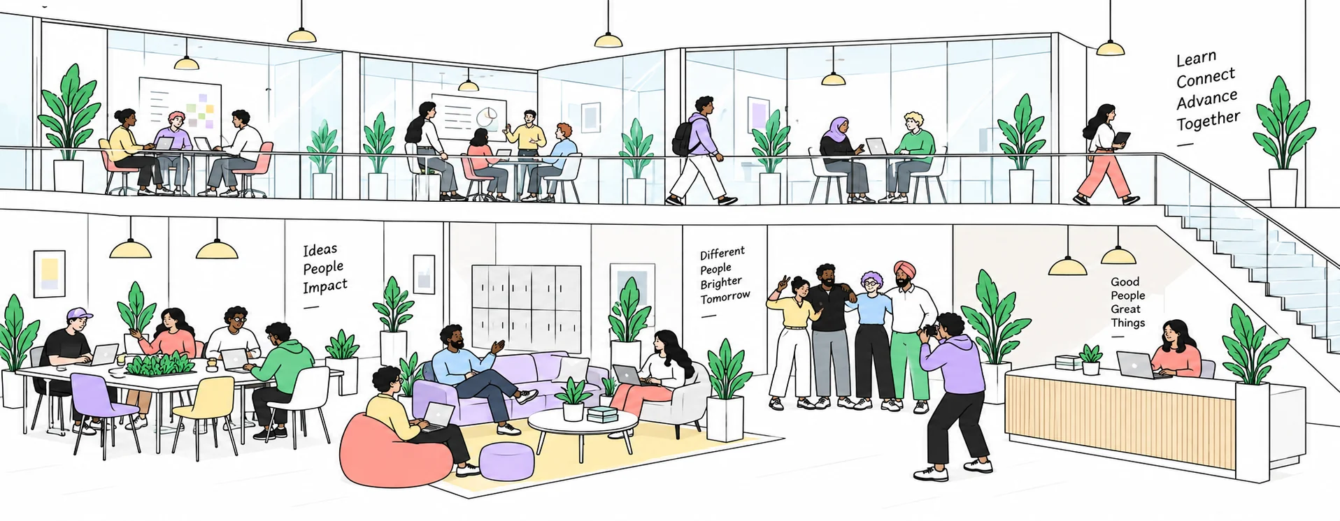 Illustration of an open office where Aleph engineers work, meet and learn together