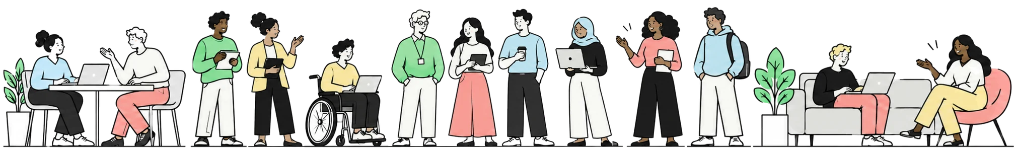Illustration of a diverse group of people working, talking and studying together
