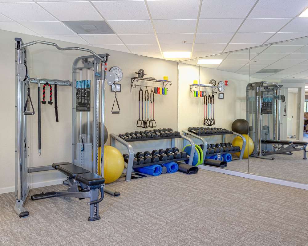 Fitness center with free weights and a rack
