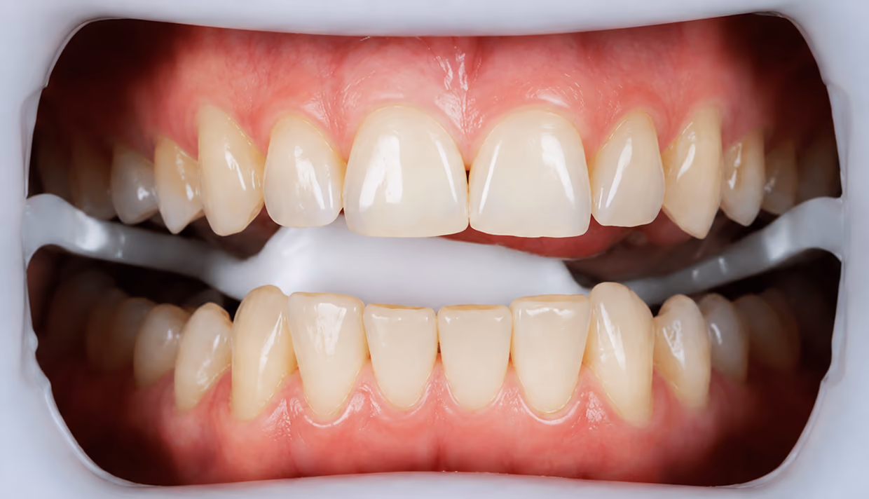 Close-up of upper and lower teeth and gums with a dental retractor in place.