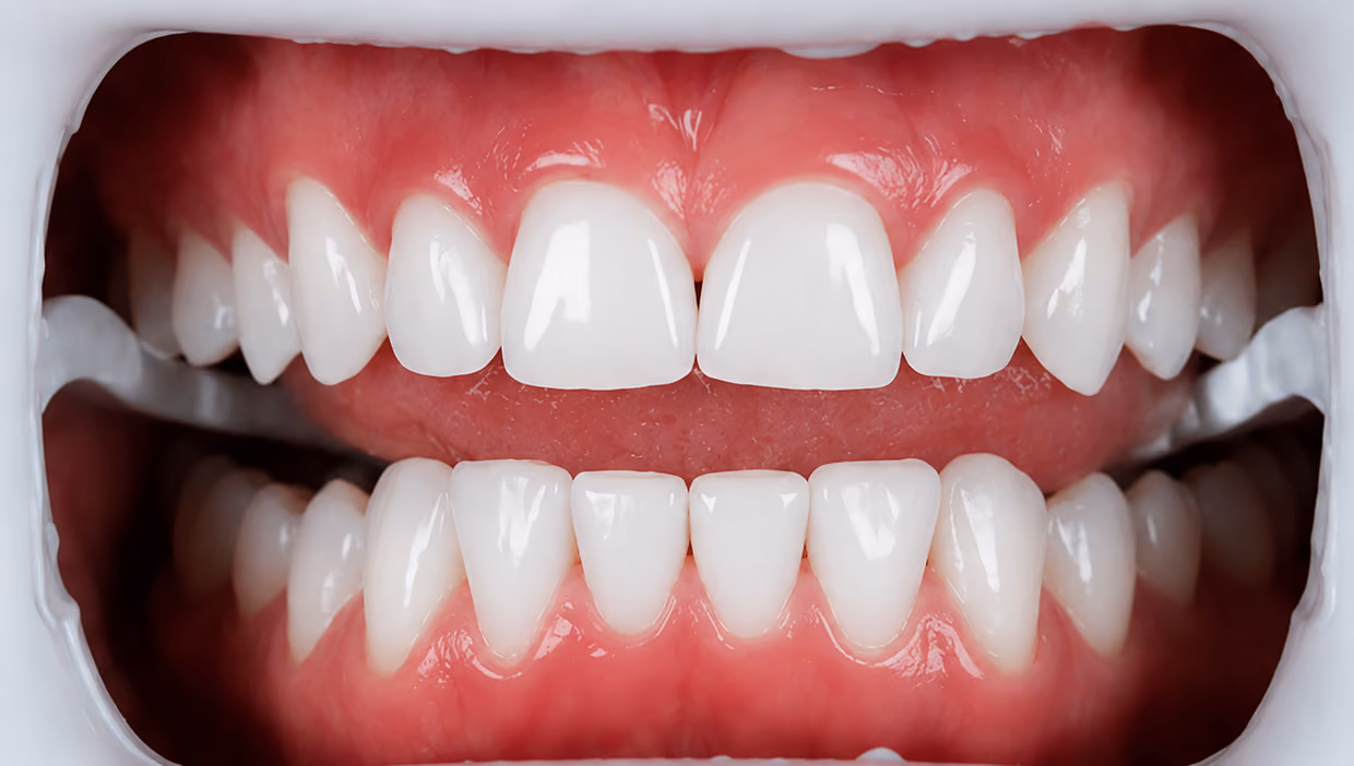 Close-up of healthy upper and lower teeth with pink gums in a dental mouth retractor.