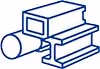 Structural steel shapes and metal inventory icon representing aluminum, stainless steel, carbon steel, and alloy products.