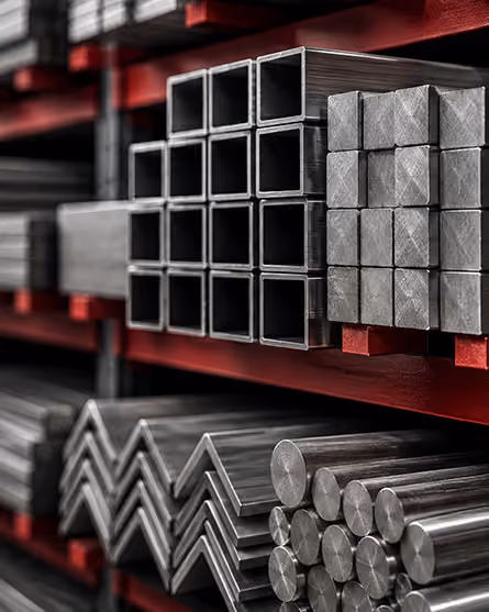 Metal inventory including tubing, bar stock and structural shapes organized on warehouse racks
