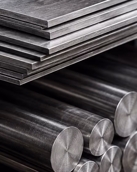 Close-up of metal bar and plate inventory inside a warehouse