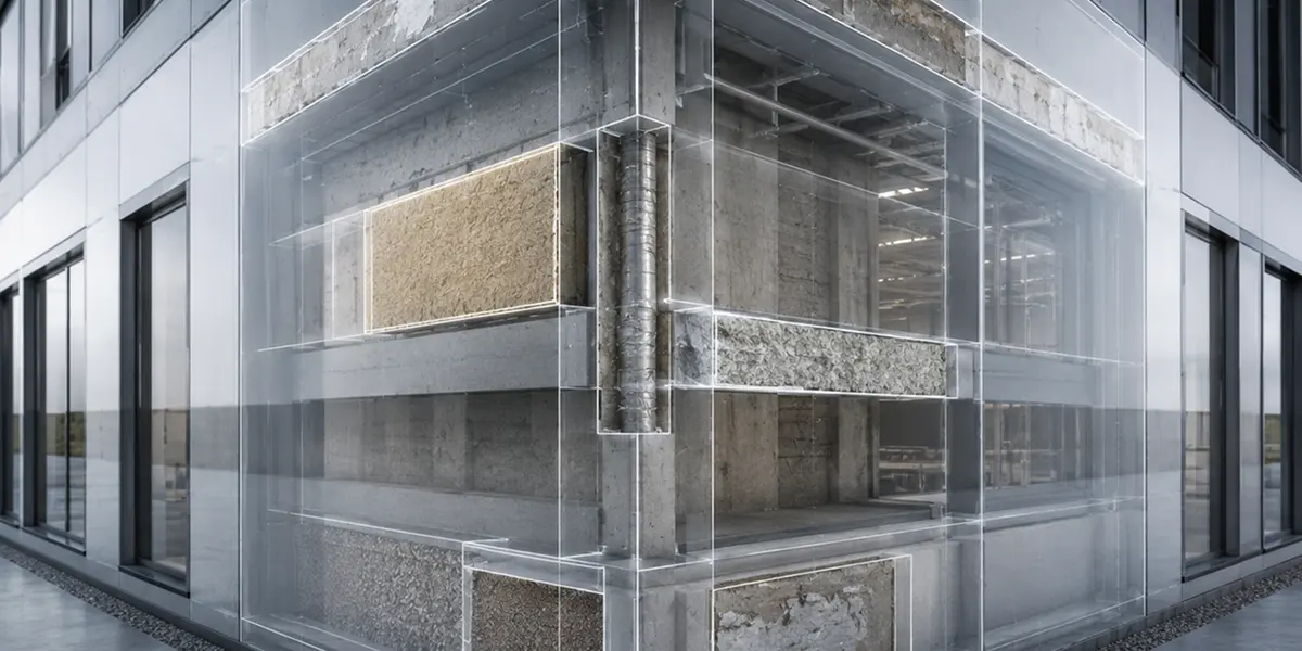 Schnittansicht eines modernen Gebäudes zeigt innere Struktur und Baumaterialien im Detail.