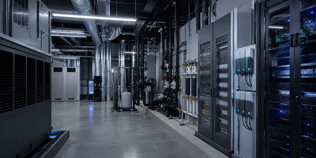 Moderne Rechenzentrum mit Server-Racks und Kühlsystemen in einem großen Raum.