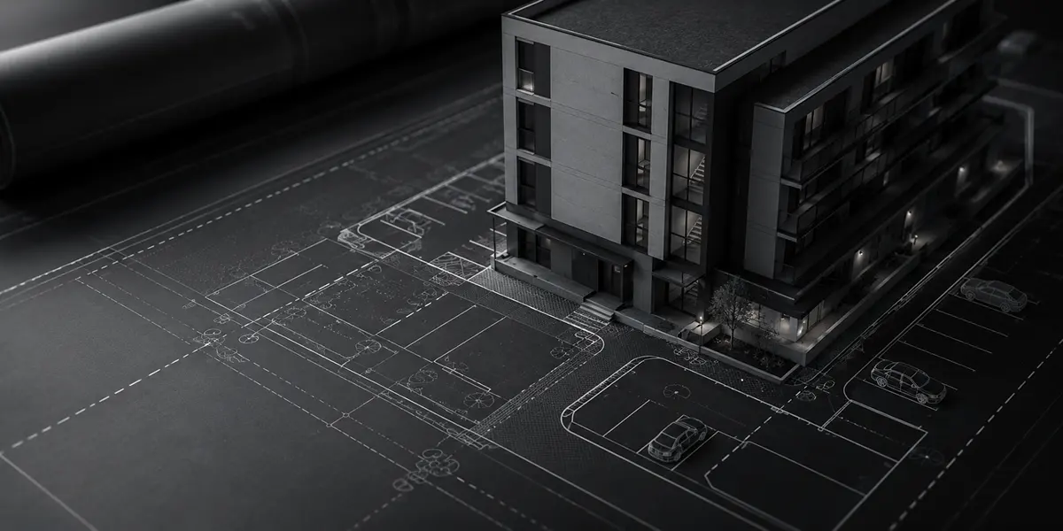 Modell eines modernen Gebäudes auf einem architektonischen Entwurfsplan mit Parkplatz und Bäumen.