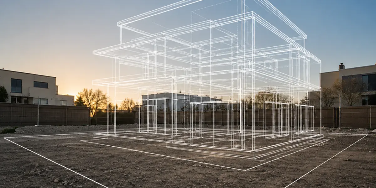 Digitale Architekturansicht eines Hausentwurfs auf leerem Baugrund bei Sonnenuntergang.