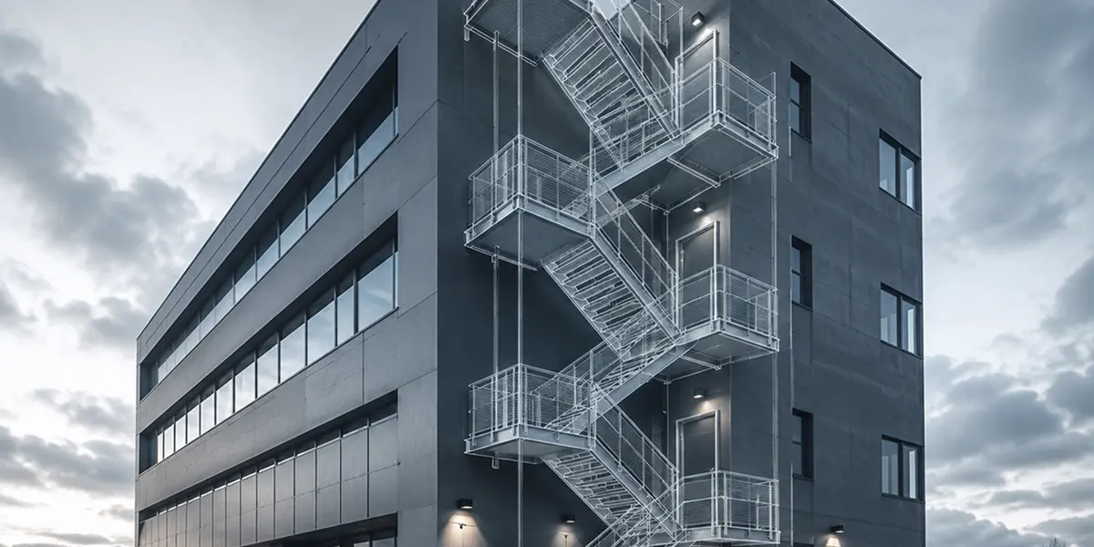 Modernes graues Gebäude mit metallischer Außentreppe und über den Himmel verteilten Wolken.