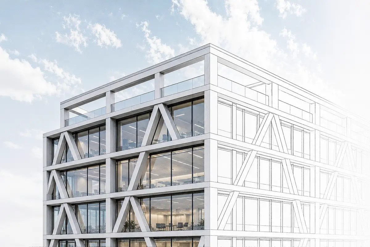 Moderne Bürogebäude mit Glasfassade und Betonstruktur unter blauem Himmel.