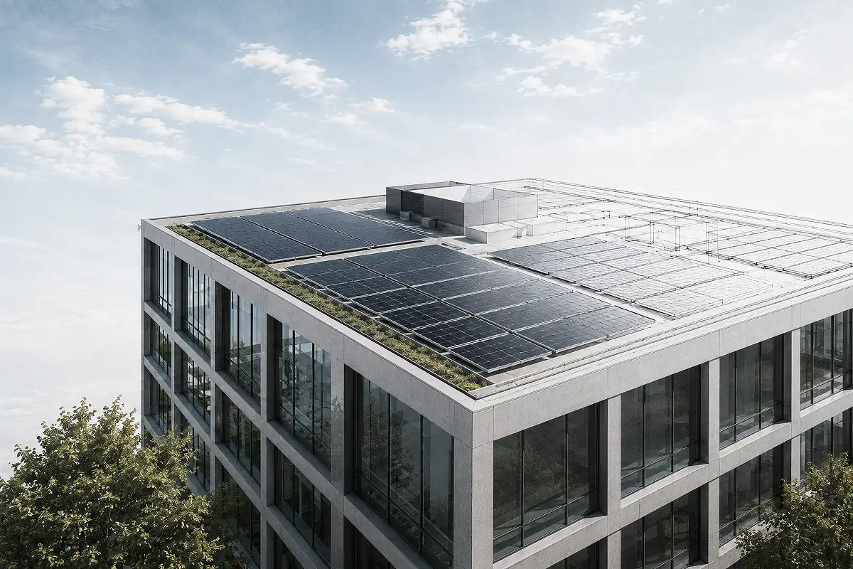 Moderne Gebäudeecke mit Solarpaneelen auf dem Dach unter einem bewölkten Himmel.