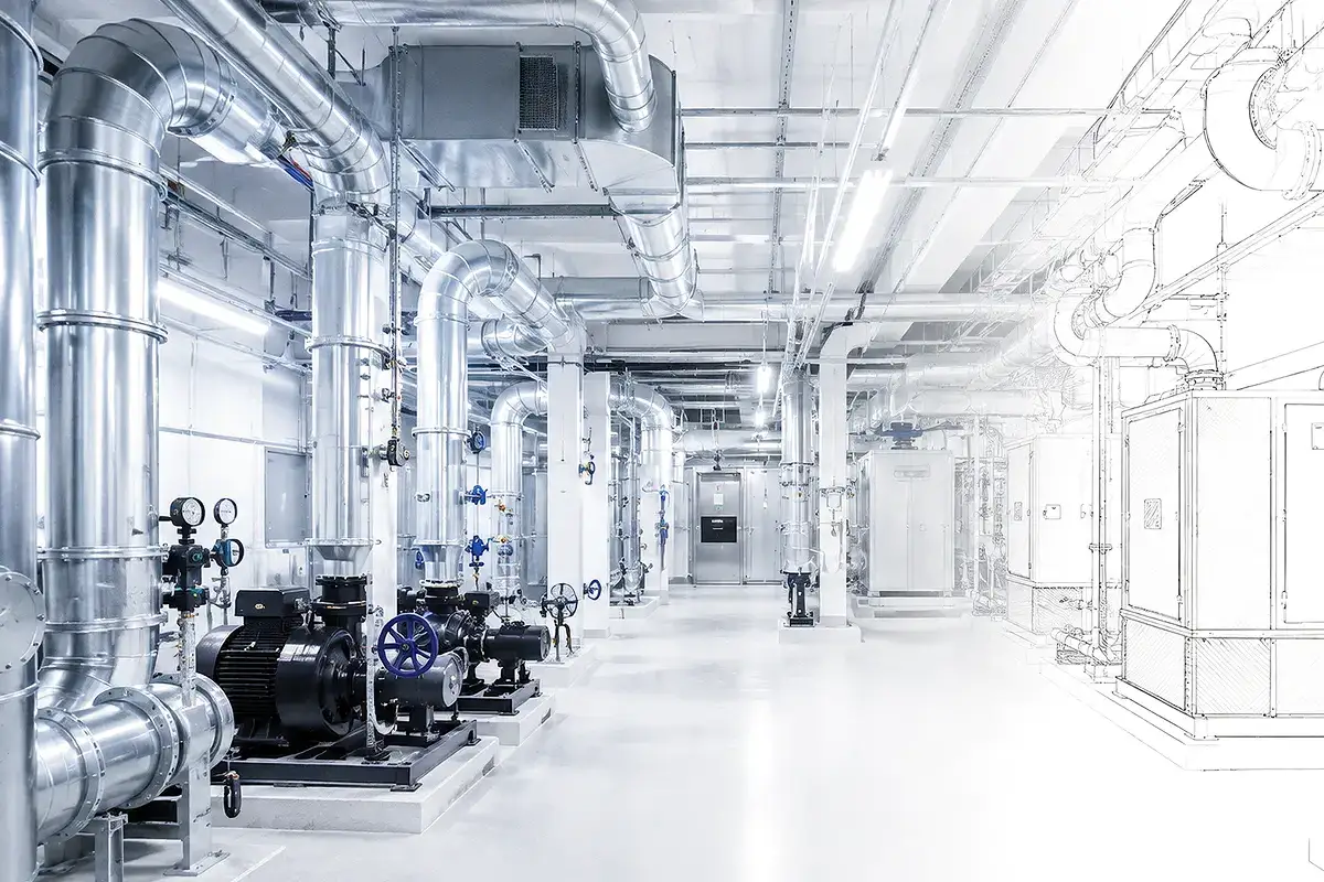 Industrieller Technikraum mit großen silbernen Rohren und Pumpen, der sich in einen technischen Entwurf verwandelt.