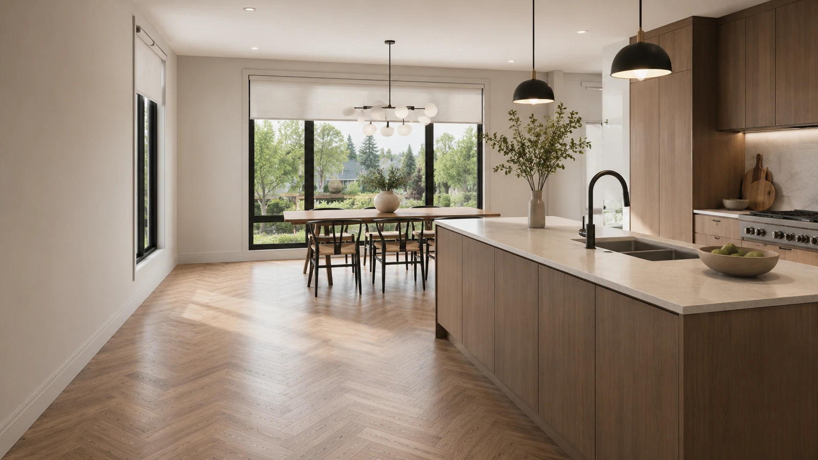 Kitchen and dining area with a stone island, pendant lights and garden views