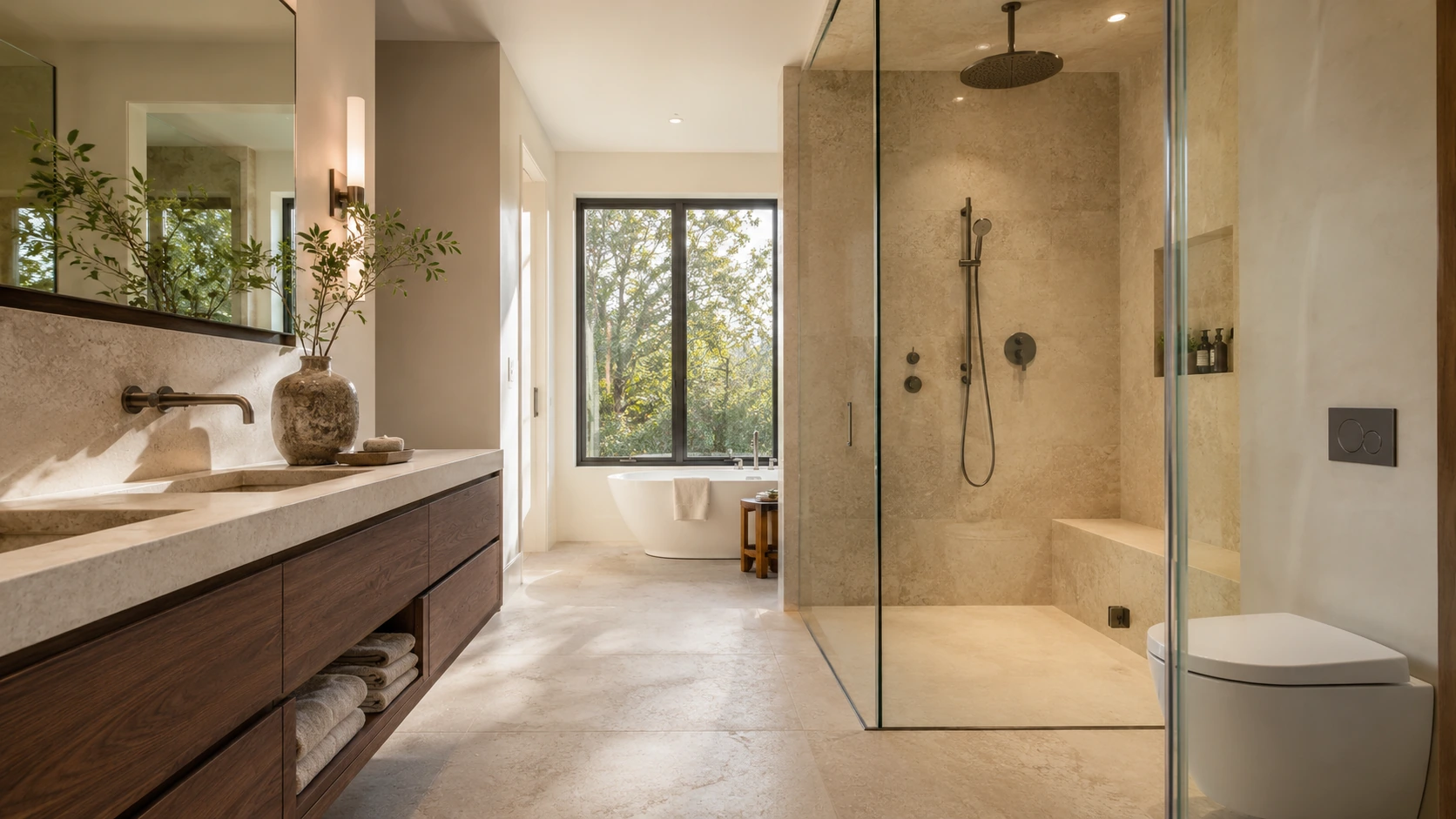 Bathroom with a stone double vanity, freestanding bath and walk-in shower