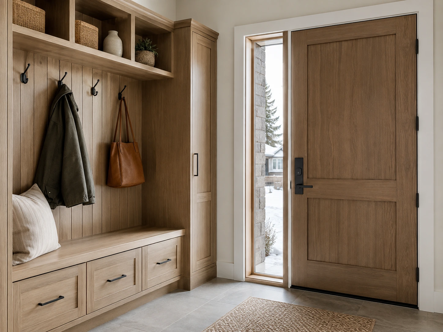 Entryway with a wood door, lever handle, coat hooks and drawer pulls