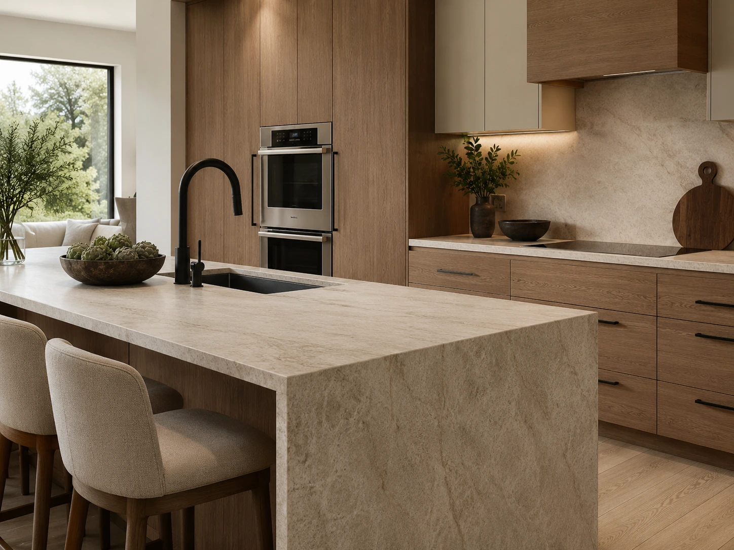 Kitchen with a stone island, wood cabinetry and a built-in oven