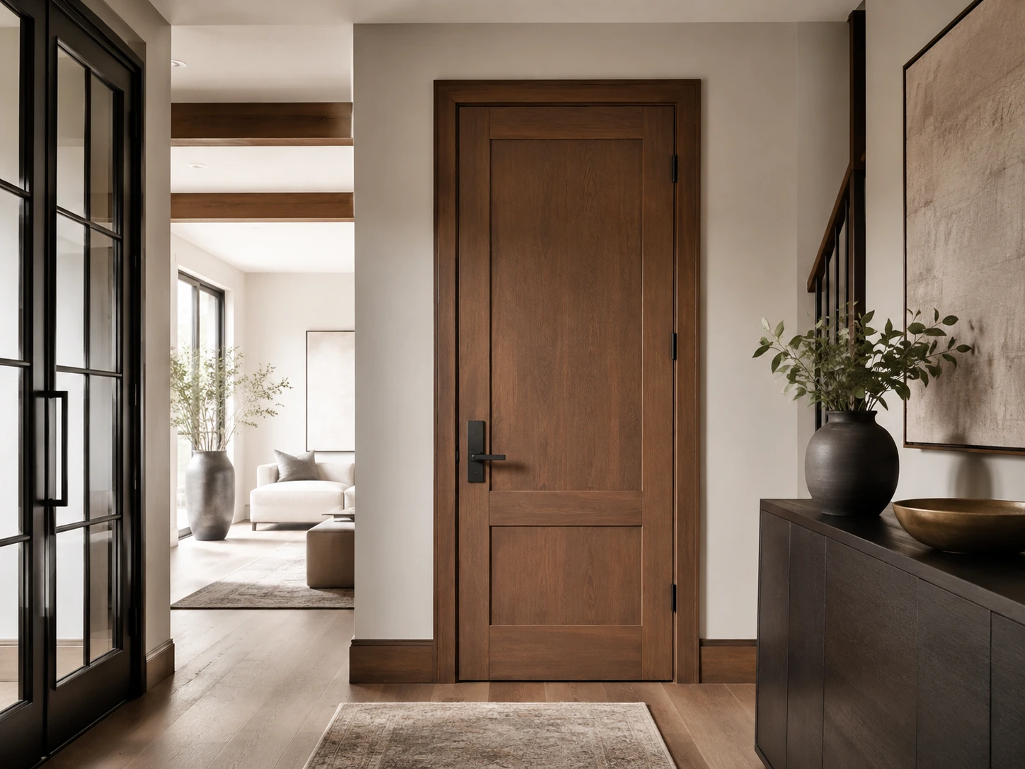 Hallway with a solid wood door and black-framed glass doors