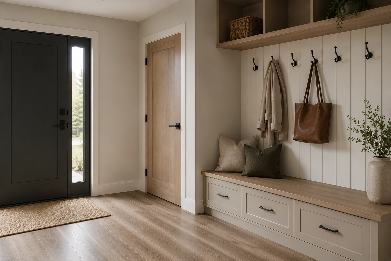 Mudroom with a black entry door, bench seating and coat hooks
