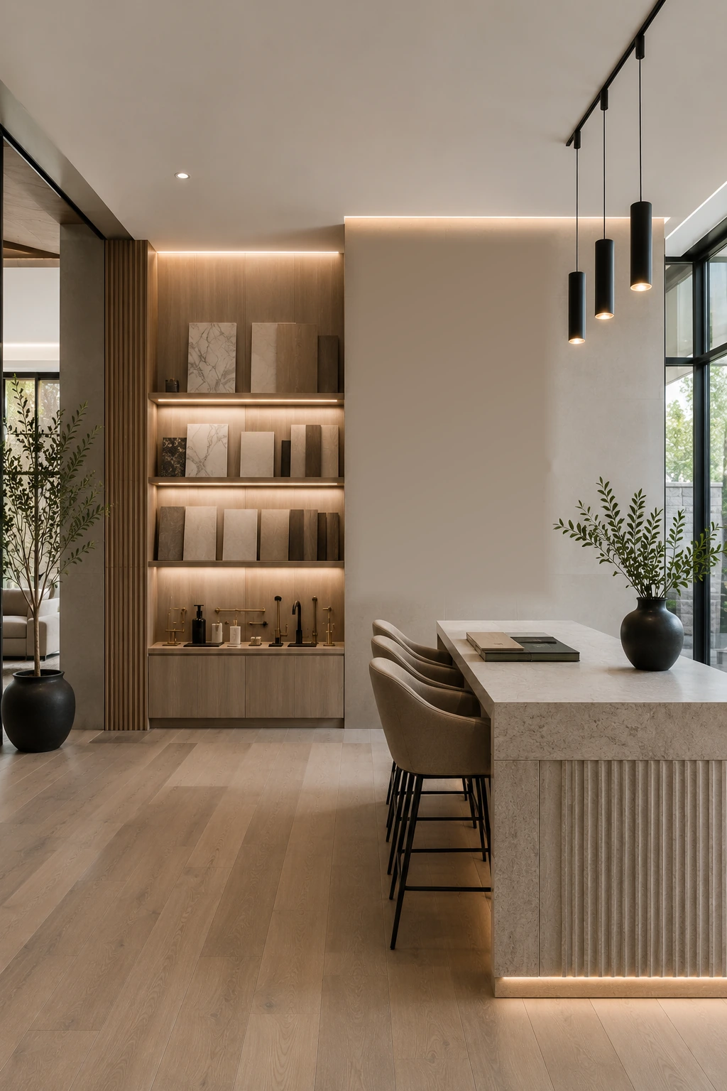 Showroom island with lit shelving displaying material samples