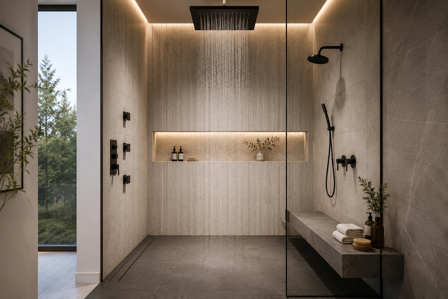 Walk-in shower with a rain shower head and a lit stone niche