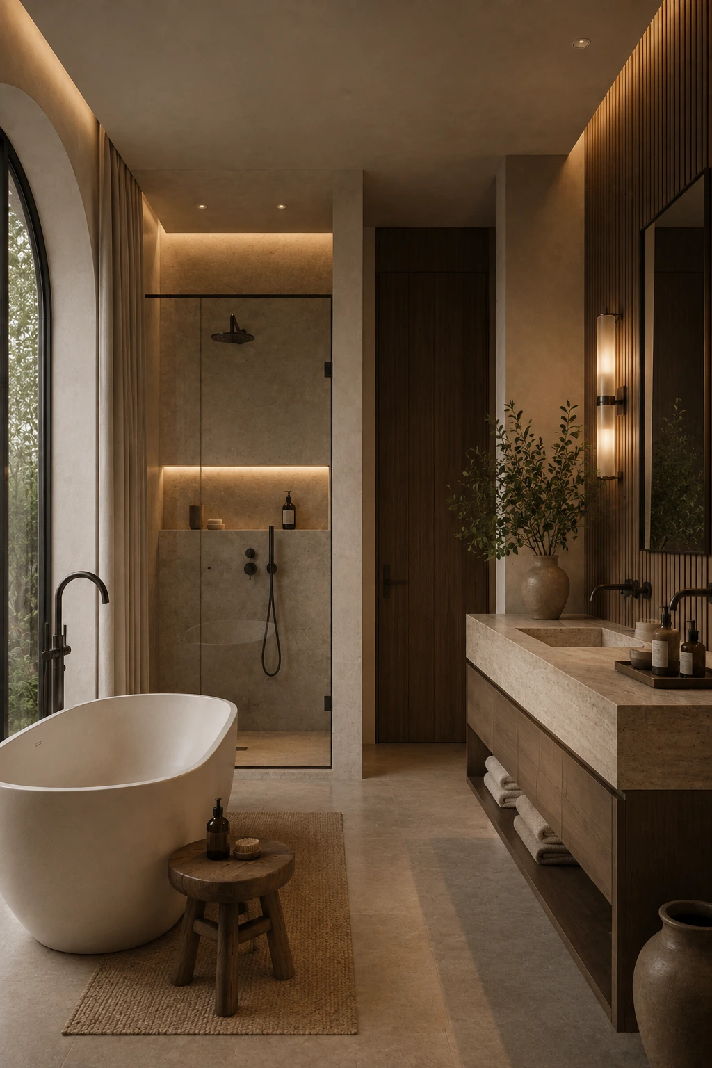 Bathroom with a freestanding tub, walk-in shower and a stone vanity