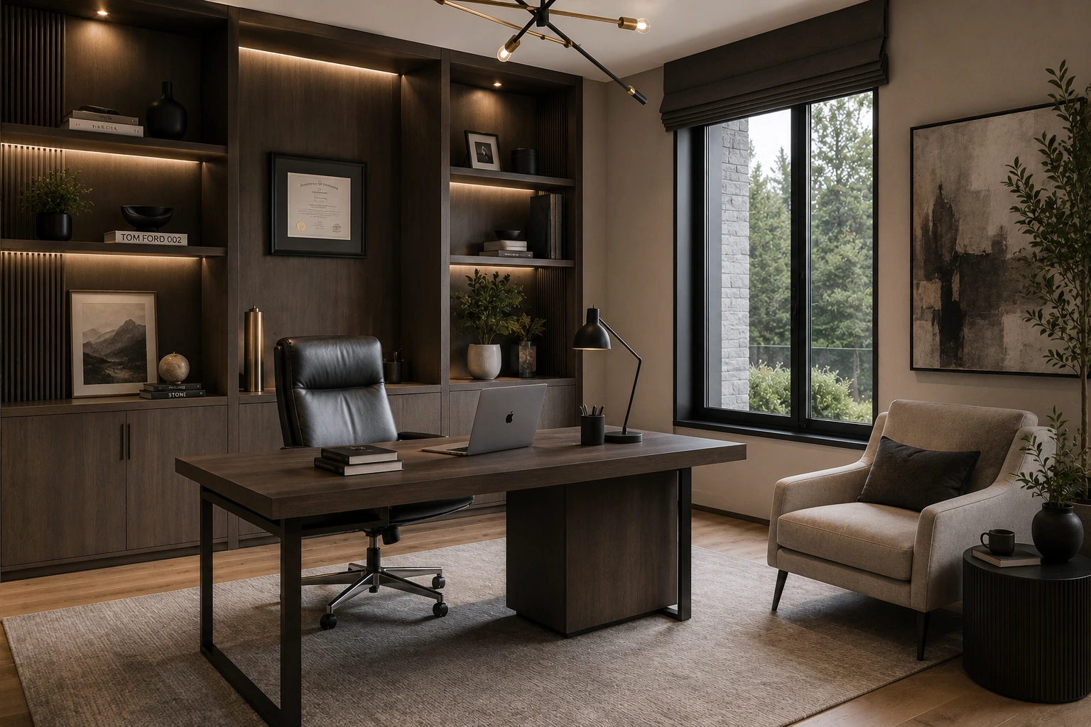 Home office with a wood desk, built-in shelving and a large window