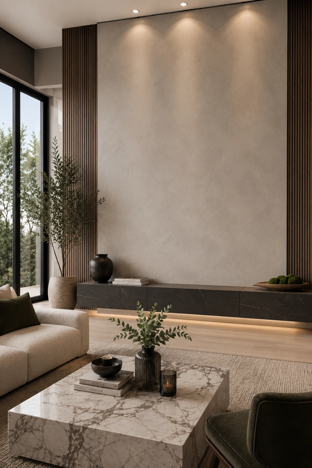 Living room with a limestone feature wall, low seating and a mountain view