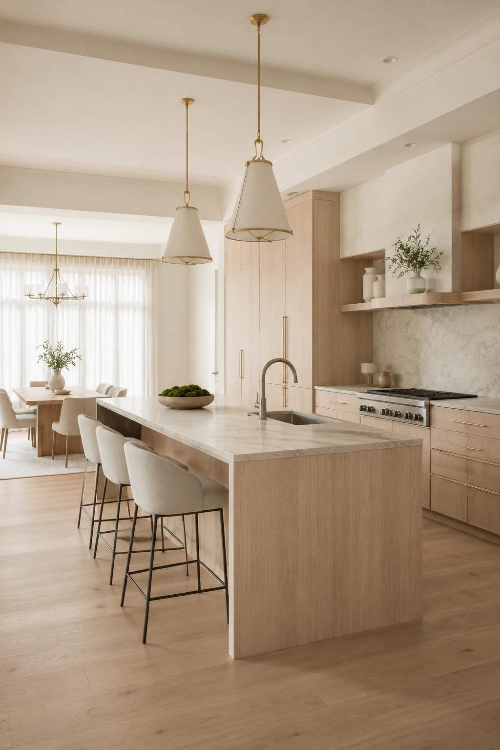 Bright kitchen with a stone island, pendant lights and pale cabinetry