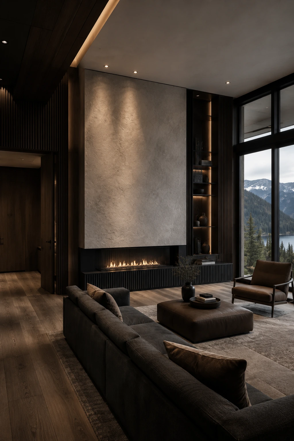 Dark timber living room with a linear fireplace and a mountain view