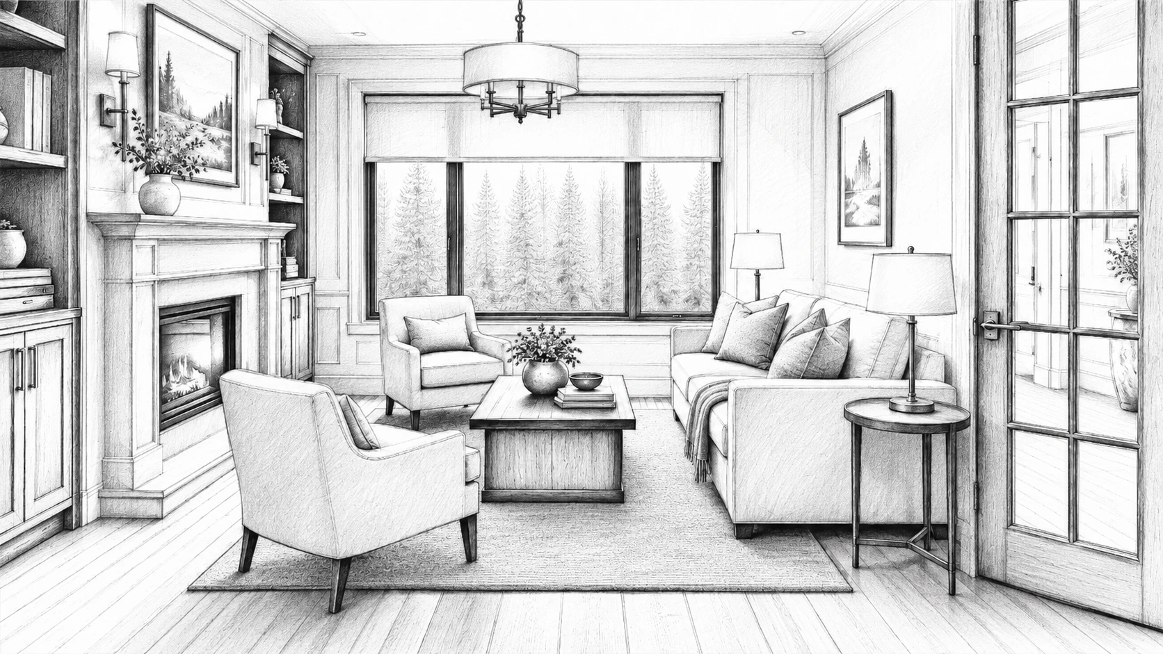 Line drawing of the same living room