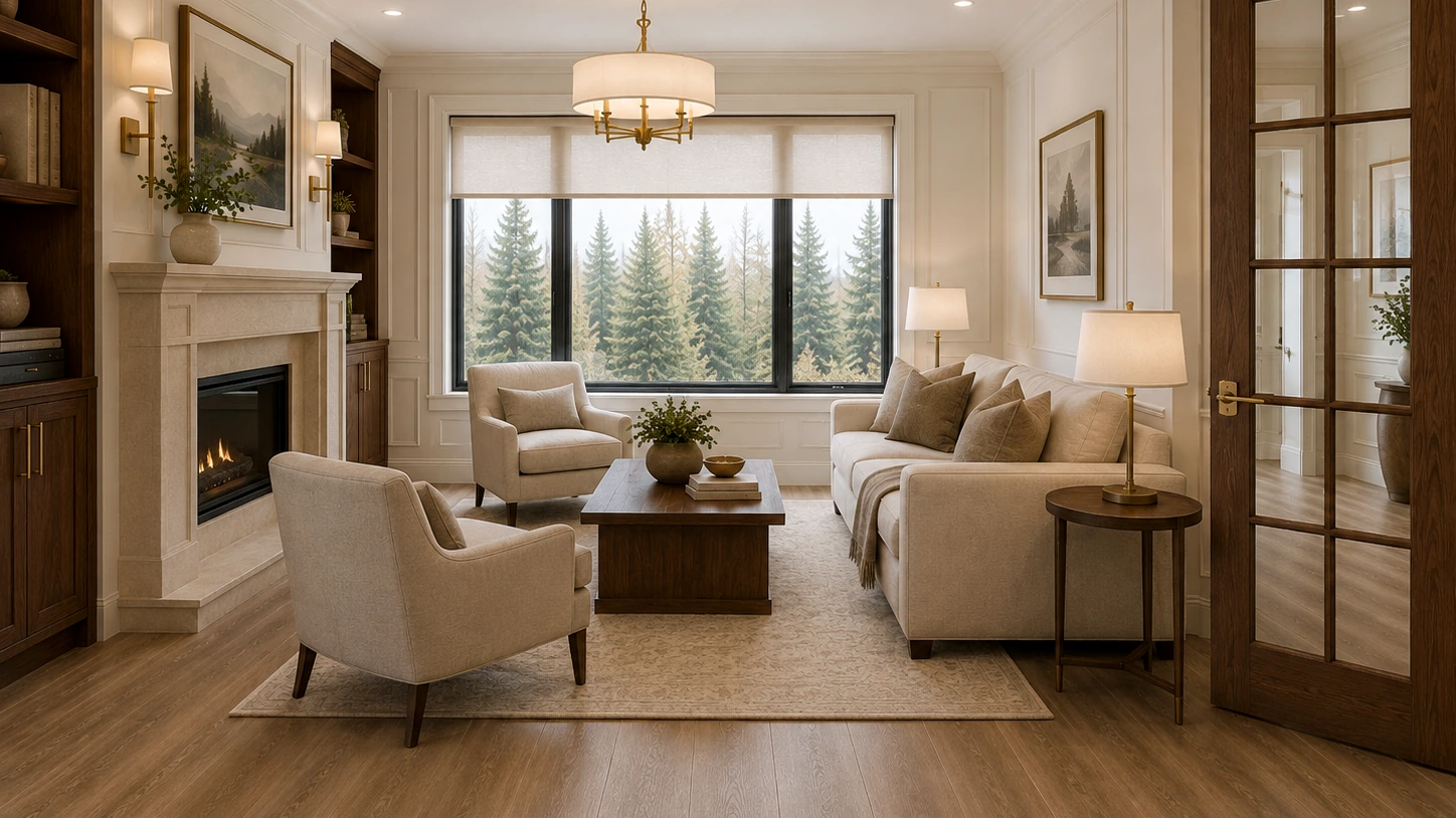Living room with a fireplace, armchairs and a window overlooking trees