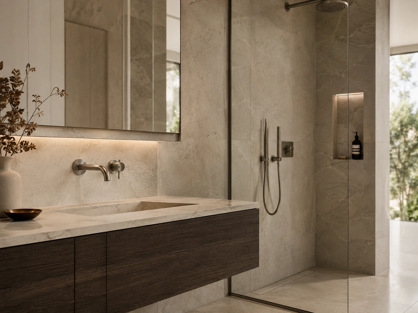 Bathroom with a stone vanity, wall-mounted tap and a walk-in shower