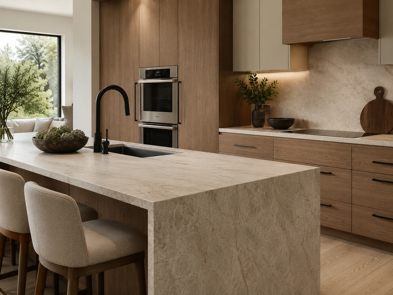 Kitchen with a stone island, wood cabinetry and built-in ovens