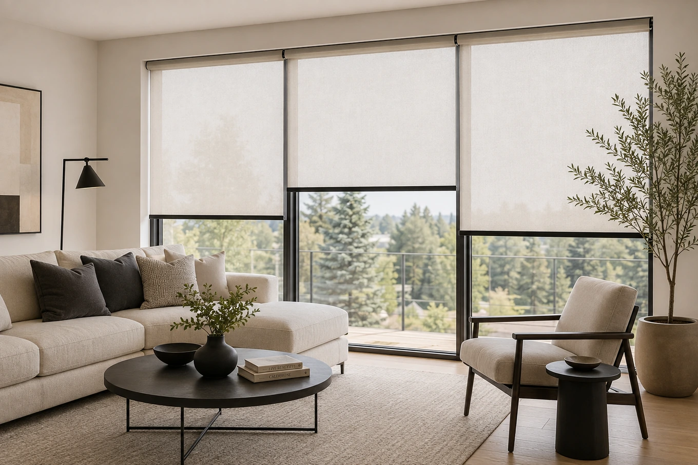 Living room with roller shades on large windows overlooking trees