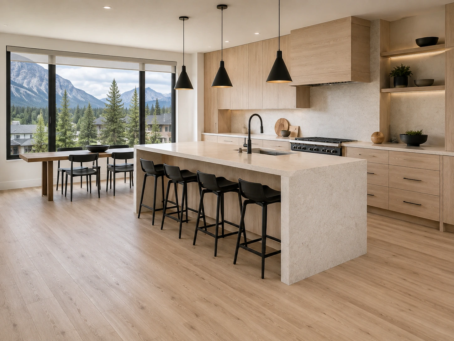Open kitchen with a stone island and mountain views