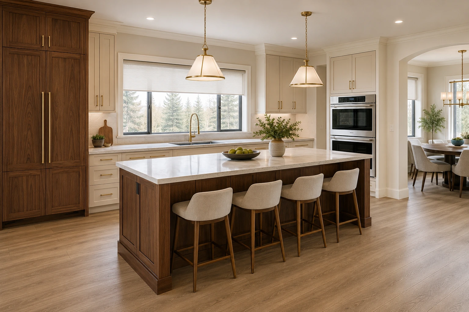Kitchen with a pale island and brass fixtures