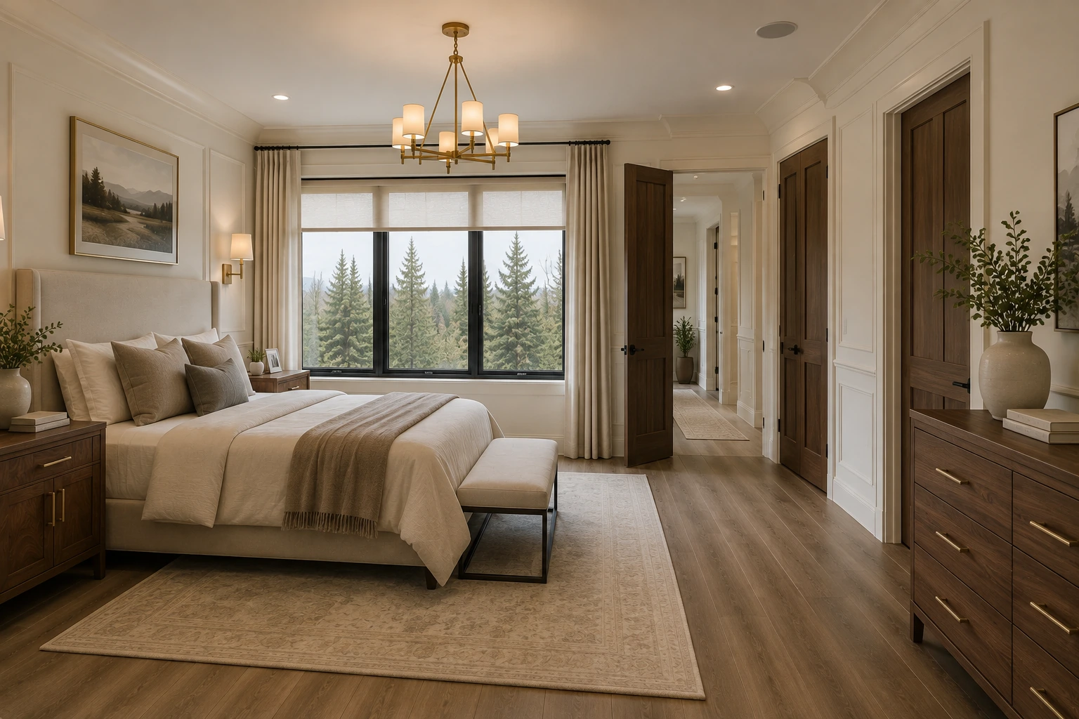 Bedroom with a cordless roller shade and dark wood doors