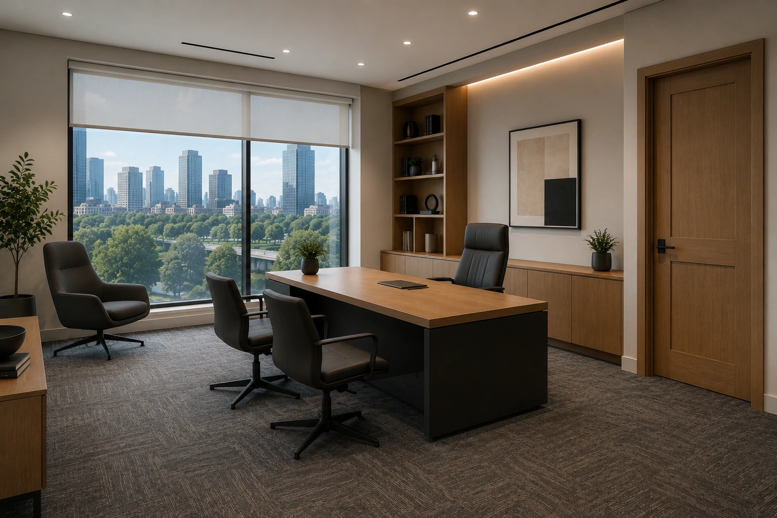 Private office with a city view and carpet tile flooring