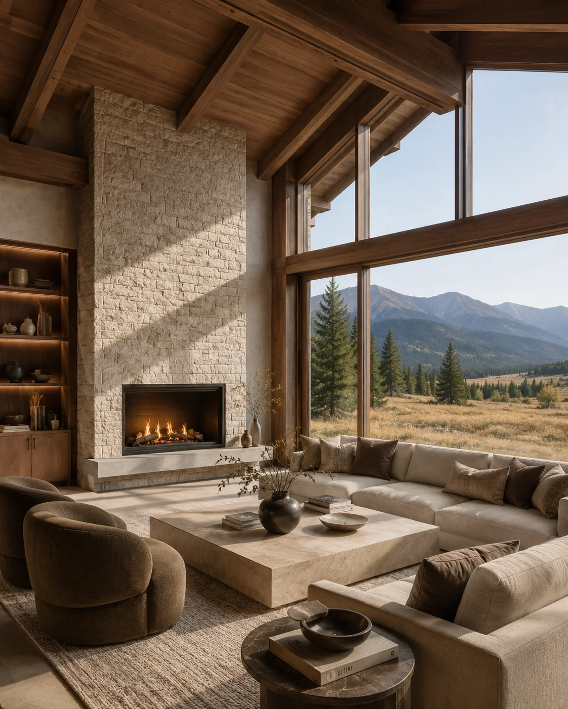 Living room with a stone fireplace and mountain views through floor-to-ceiling windows
