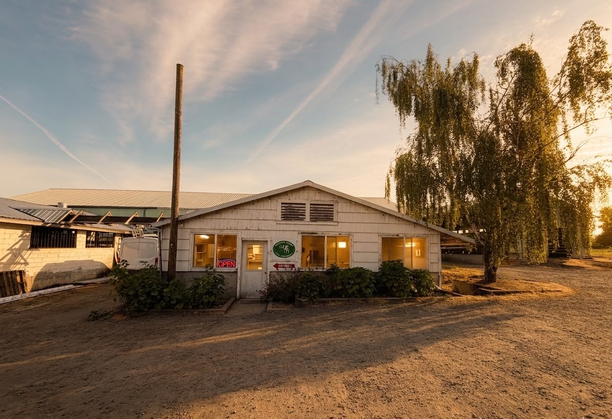 The Schoch Dairy farm stand at golden hour in Helvetia, Oregon