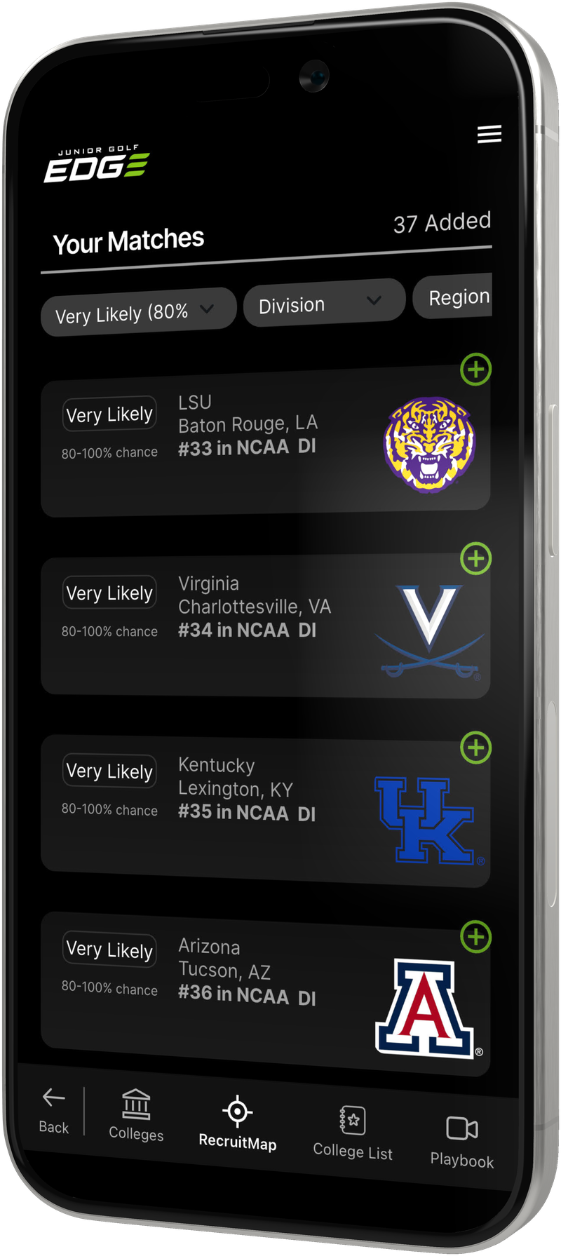 The Junior Golf Edge app showing RecruitMap college matches on an iPhone