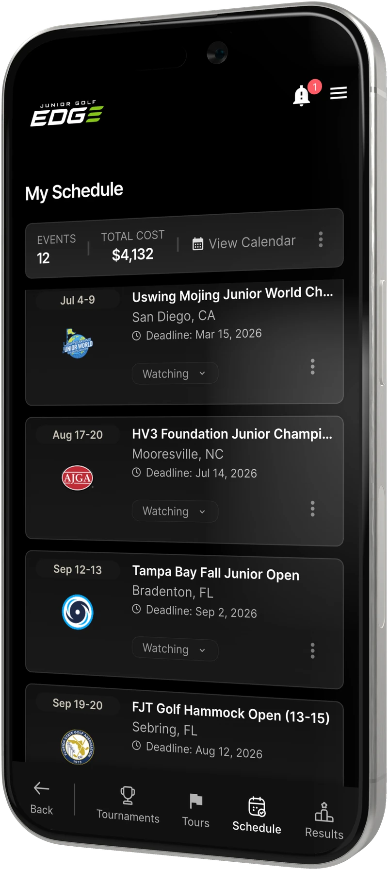 The Junior Golf Edge app showing a junior golfer's tournament schedule and total season cost on an iPhone